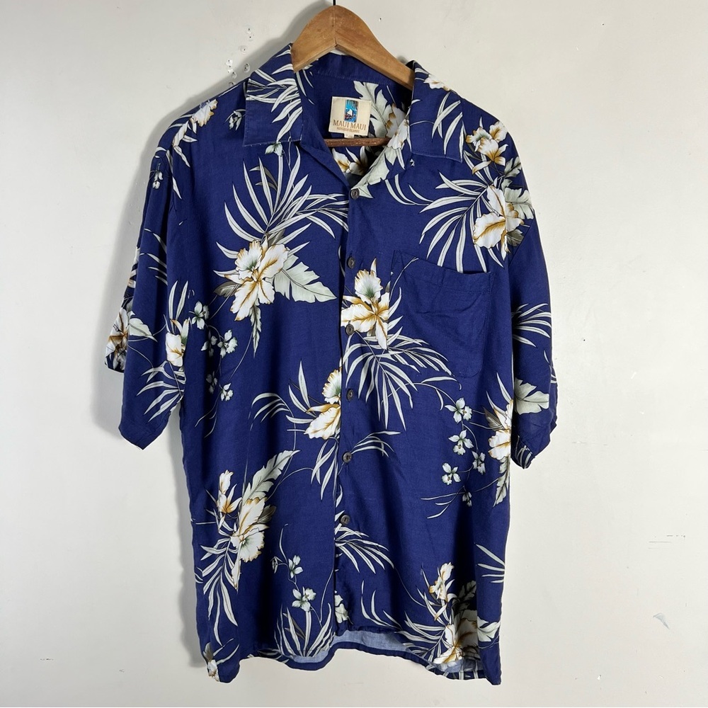 Maui Maui Hawaii Islands Vintage Hawaiian Shirt Mens Size Large blue Palm Leaf